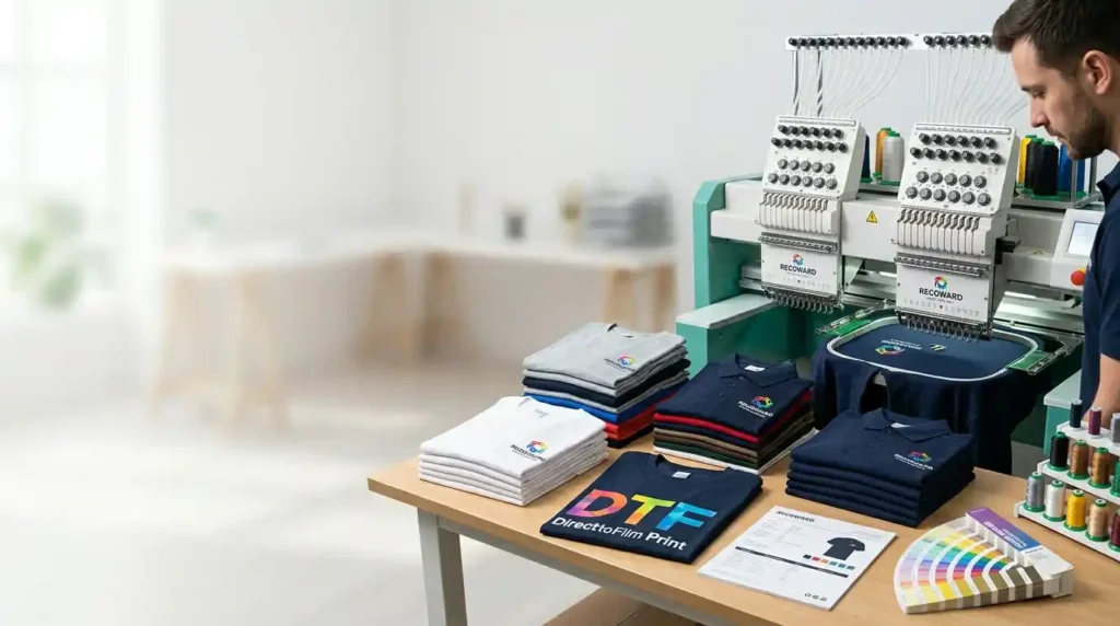 Bulk Corporate T-Shirt Printing in Lagos & Ogun State: Complete Procurement Guide Commercial multi-needle embroidery machine branding corporate polo shirts alongside stacked printed t-shirts at Recoward Print production facility in Ogun State serving Lagos businesses.