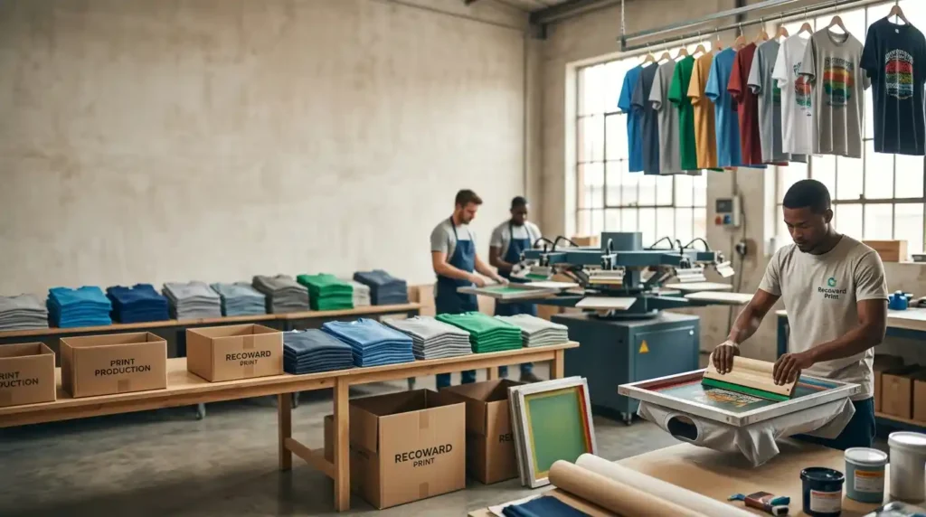 Professional screen printing workshop in Ogun State featuring T-shirt production equipment and organized bulk inventory.