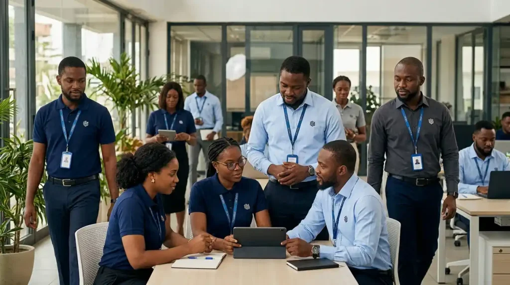 Diverse team of Nigerian corporate employees wearing branded navy blue polo shirts and button-down uniforms in a modern office.