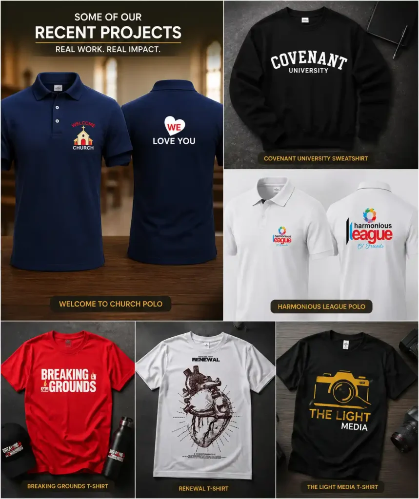 Printing & Branding Portfolio in Nigeria Custom apparel and T-shirt printing projects completed in Nigeria