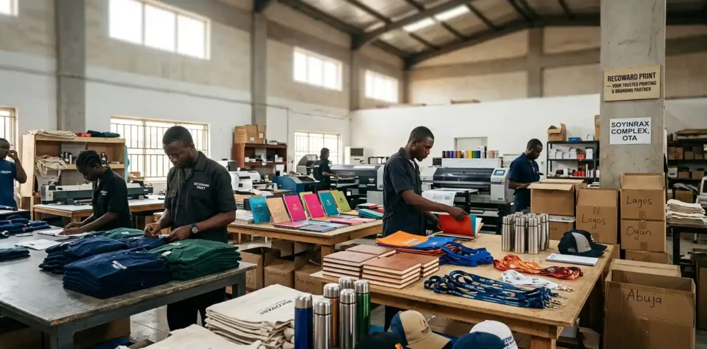 15 Best Promotional Products for Businesses in Nigeria (2026 Procurement Guide) Busy printing and branding workshop at Recoward Print in Sango-Ota Ogun State, producing bulk promotional products for Nigerian businesses, including branded polo shirts, notebooks, and corporate gifts.