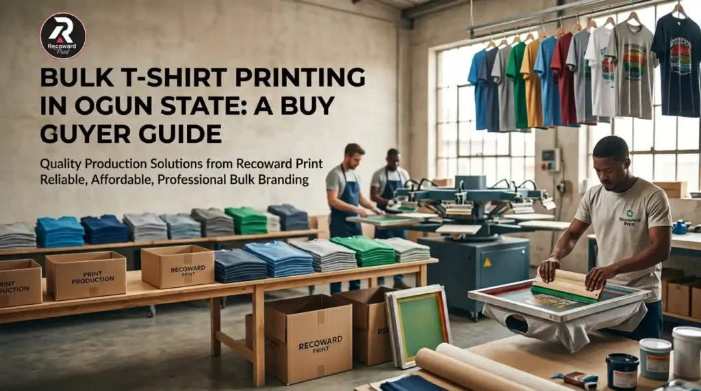 Bulk T-Shirt Printing in Ogun State: Complete Buyer & Procurement Guide Recoward Print branded social banner featuring the guide title Bulk T-Shirt Printing in Ogun State: A Buyer Guide alongside logo and apparel production workshop.