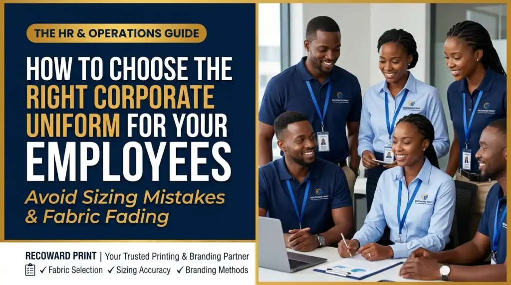 Social media guide banner titled How To Choose The Right Corporate Uniform For Your Employees featuring Recoward Print branding, fabric selection tips, and employee uniform imagery.
